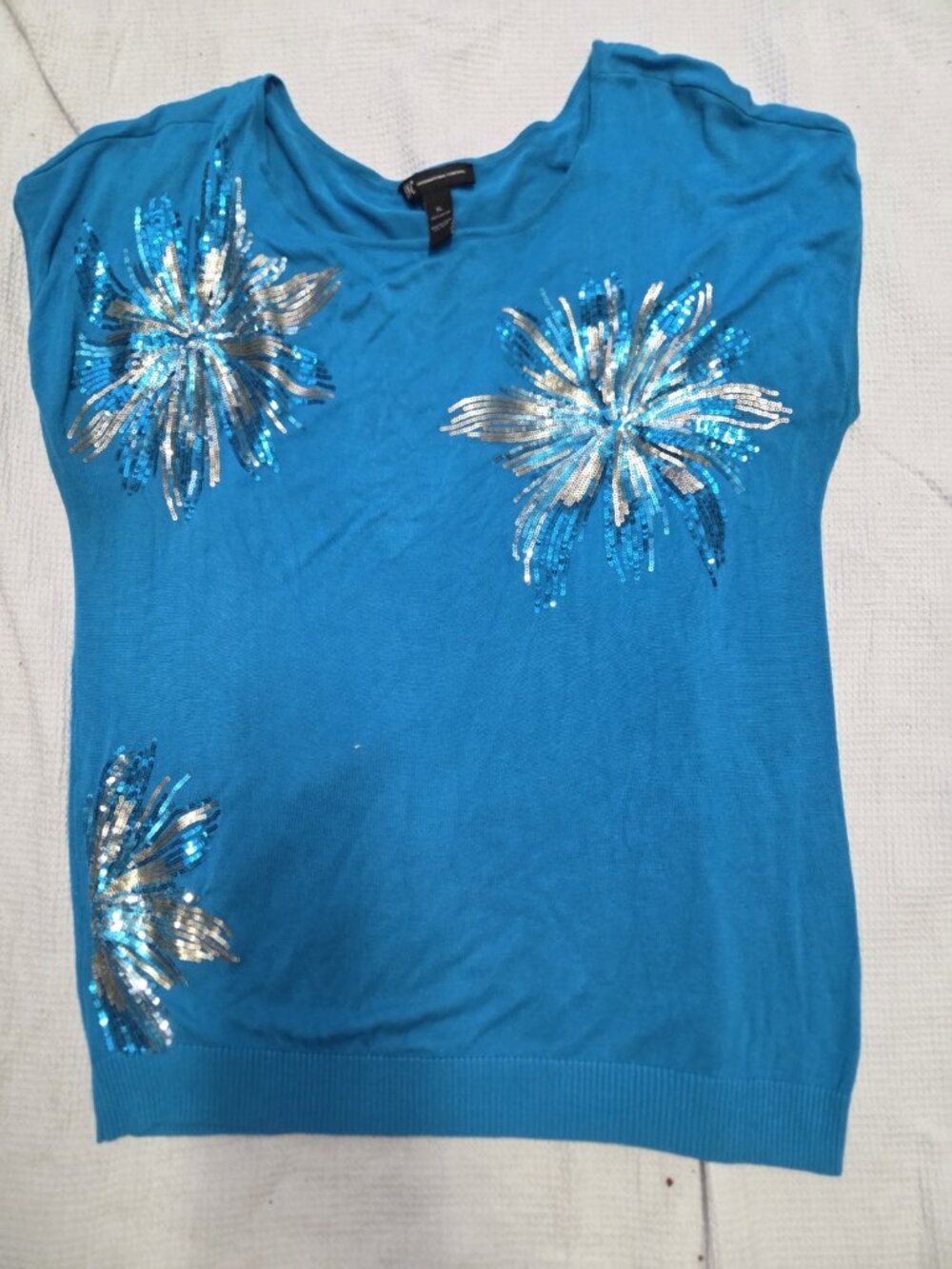 INC Turquoise Knit Short Sleeve Rayon Knit Top With Sequins In Size XL-Y2K